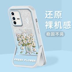 适用vivo S12 支架闪粉油画花半透硅胶软壳全包摄像头