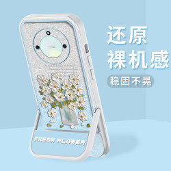 适用荣耀X40 支架闪粉油画花半透硅胶软壳全包摄像头