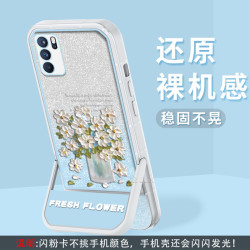 适用OPPO Reno6 支架闪粉油画花半透硅胶软壳全包摄像头