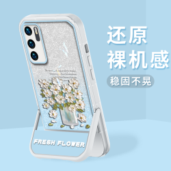 适用华为P40 支架闪粉油画花半透硅胶软壳全包摄像头