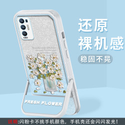 适用OPPO Reno5Pro+支架闪粉油画花半透硅胶软壳全包摄像头