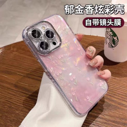 适用苹果15promax手机壳郁金香闪粉镜头膜iPhone14pro13高级12/11