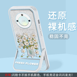 适用荣耀X40 支架闪粉油画花半透硅胶软壳全包摄像头
