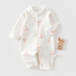 婧麒 新生婴儿衣服春秋季连体衣男女宝宝睡衣纯棉对开打底睡衣哈衣