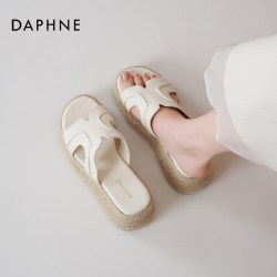 达芙妮 厚底一字凉拖鞋女2026夏季新款外穿松糕鞋复古度假编织拖鞋