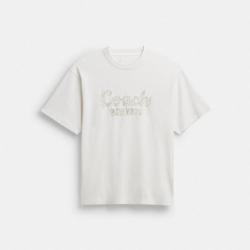 COACH 女款棉质草书体COACH刺绣圆领落肩T恤