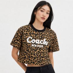 COACH 豹纹草书体经典标志短摆T恤