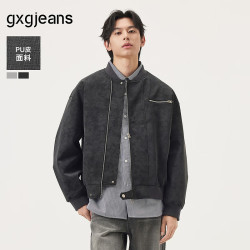 gxgjeans 【限时五折】 美式PU皮时尚休闲宽松棒球领飞行员夹克 黑灰