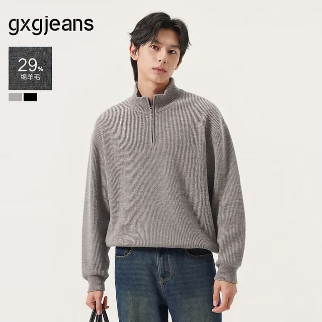 gxgjeans 【限时五折】 美式坑条肌理简约时尚半开襟高领毛衣线衫 浅咖色