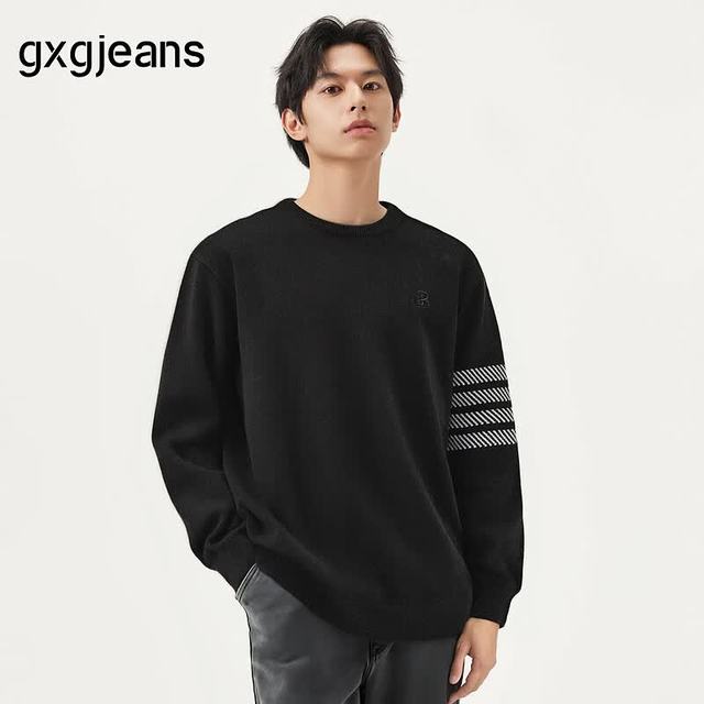 gxgjeans 【限时五折】 美式撞色设计雪尼尔圆领毛衣 黑色