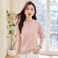 正肩v领短袖t恤女2026新款夏爆款漂亮女装粉色减龄上衣服半袖体恤