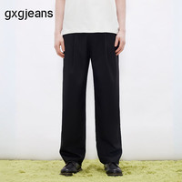 gxgjeans 【限时五折】 美式松紧腰垂顺宽松直筒休闲长裤 黑色