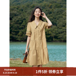 茵曼 2025夏女田园娃娃裙切尔西领泡泡袖A字连衣裙 深褐色 -18525990 S