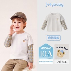 jellybaby 男童打底衫学院风小童长袖t恤格纹男宝宝假两件儿童上衣
