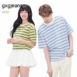 gxgjeans 【限时五折】 美式条纹肌理拼接多色休闲圆领短袖t恤 绿白条