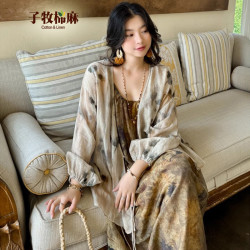 子牧棉麻 2026夏装 女冰感轻盈艺术花色斜襟气质开衫百搭上衣2880 花色