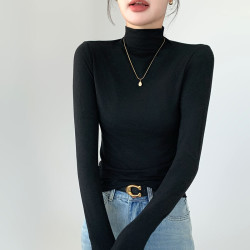 有只绵 半高领面膜衫女内搭秋冬磨毛打底衫修身保暖外穿长袖T恤上衣 黑色 M 适合80-90斤