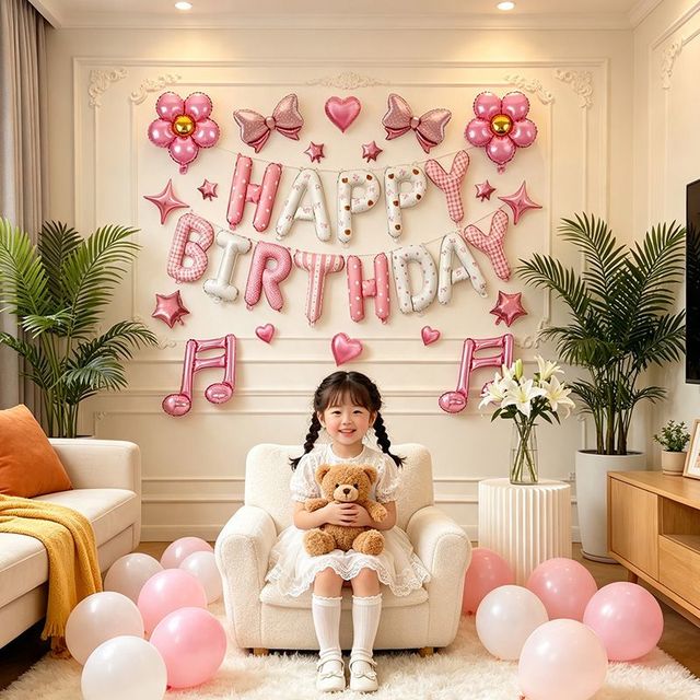 寻年味 少女心粉宝宝周岁生日背景装饰花朵蝴蝶结铝膜气球女童十周岁拍照