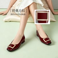 百思图 2026秋新款方扣浅口单鞋瓢鞋通勤粗跟平底裸色女鞋K6116CQ6