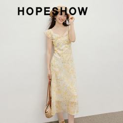 红袖 碎花雪纺连衣裙2026夏季新款女装蕾丝边小飞袖多巴胺绝美气质长裙