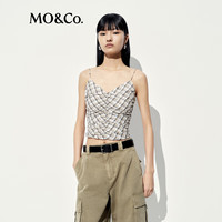 MO&Co.吊带含天丝拼色格纹V领捏褶截短式背心 摩安珂 浅驼格色 M 165