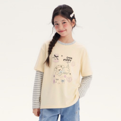 笛莎 童装女童长袖t恤儿童秋季新款大童女孩假两件条纹卡通甜美