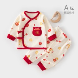 温巢 新生婴儿衣服秋季分体套装婴幼儿马年满月宝宝红色喜庆a类纯棉6男