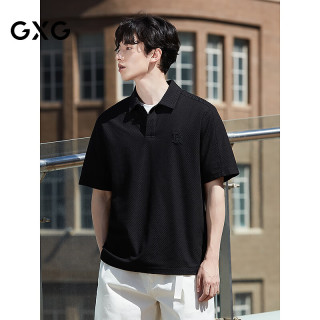 GXG 男装 微廓粗斜纹肌理宽松polo衫绣花翻领T恤短袖 26夏季热销 黑色 L