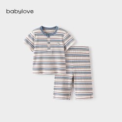 Babylove 宝宝家居服套装夏季莫代尔空调服短袖九分裤色织条纹夏装