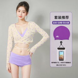 无品牌 分体泳衣女三件套长袖纯欲保守高腰显瘦聚拢海边度假可下水套装