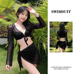 无品牌 性感2025泳衣女纯欲大红色显白比基尼四件套长袖防晒辣妹必备泳衣