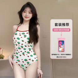无品牌 2025年新款连体三角可爱草莓印花露背竞速女泳装游泳温泉度假必备