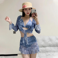 无品牌 沙滩超性感比基尼泳衣女网红爆款分体四件套牛仔蓝长袖防晒显瘦