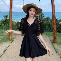 无品牌 泳衣女大码胖MM黑色遮肉显瘦连体两件套宽松保守度假泡温泉泳装