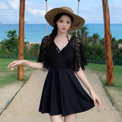 无品牌 泳衣女大码胖MM黑色遮肉显瘦连体两件套宽松保守度假泡温泉泳装