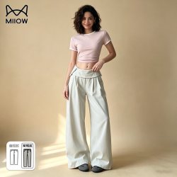 猫人 卡其色阔腿裤女2026新款低腰垂感宽松直筒裤小个子韩系屁帘裤