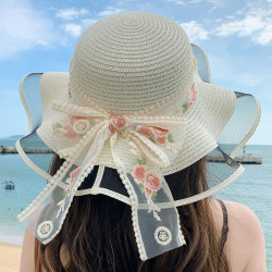 无品牌 花朵蕾丝飘带遮阳帽时尚新款春夏旅行度假沙滩遮阳防晒波浪边草帽