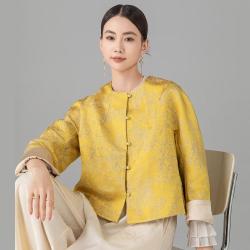 aoslo 春秋新中式国风缎面气质复古拼色老钱风女式圆领长袖外套上衣