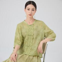 aoslo 夏季中袖绣花喜婆婆苎麻上衣圆领盘扣新中式国风女式衬衫