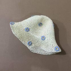 无品牌 防晒度假草帽女夏季海边花朵草编渔夫帽镂空透气遮阳防晒水桶帽子