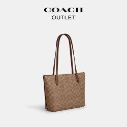 COACH 奥莱女士女包经典标志FIONA 24号拉链托特包单肩手提 IM/棕黄色/棕色