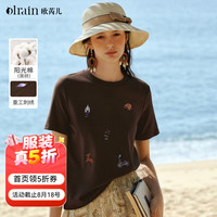 OLRAIN 经典刺绣圆领短袖T恤女装夏季2026新款通勤休闲上衣 咖色 M