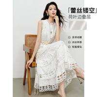 晚白 冰丝镂空蕾丝无袖收腰连衣裙