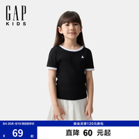 Gap 女童春季款纯棉小熊刺绣撞色短袖T恤儿童装美版746924 黑色 120 /64(6-7岁)