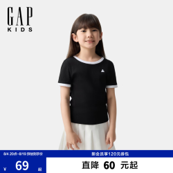 Gap 女童春季款纯棉小熊刺绣撞色短袖T恤儿童装美版746924 黑色 120 /64(6-7岁)