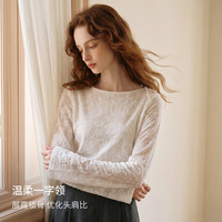 OLRAIN 2026秋季女装法式一字肩气质提花收腰米白色长袖蕾丝衫上衣 米白色 M