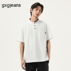 gxgjeans 【限时五折】 美式基础简约宽松亨利领短袖t恤 白色
