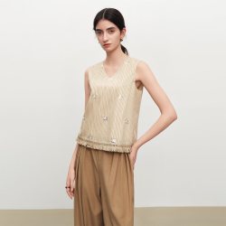 自巧 小个子波嬉风钉珠条纹V领衬衫流苏毛边无袖上衣女2026夏新款