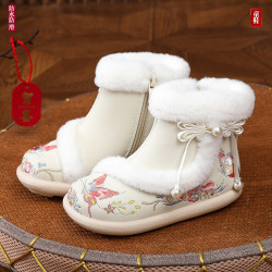 汉服鞋女童冬季新款中式雪地靴子古风手工加绒棉鞋拜年儿童绣花鞋