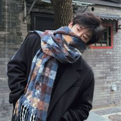 奇妙国国同款氛围感蓝咖格纹时尚软糯百搭流苏格子围巾围脖男女
